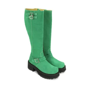 Women's^Fluevog Shoes Bond Girl | Tall Boot With Buckles Green Suede