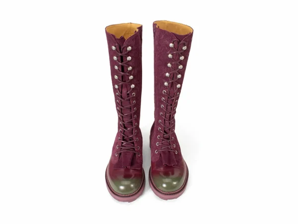 Women's^Fluevog Shoes Duffy | Tall Boot With Ruffled Tongue Purple/Green