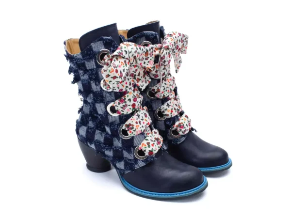 Women's^Fluevog Shoes Gladstone | Mid-Calf Lace-Up Boot Blue Denim