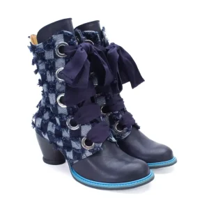 Women's^Fluevog Shoes Gladstone | Mid-Calf Lace-Up Boot Blue Denim