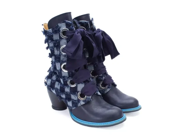 Women's^Fluevog Shoes Gladstone | Mid-Calf Lace-Up Boot Blue Denim