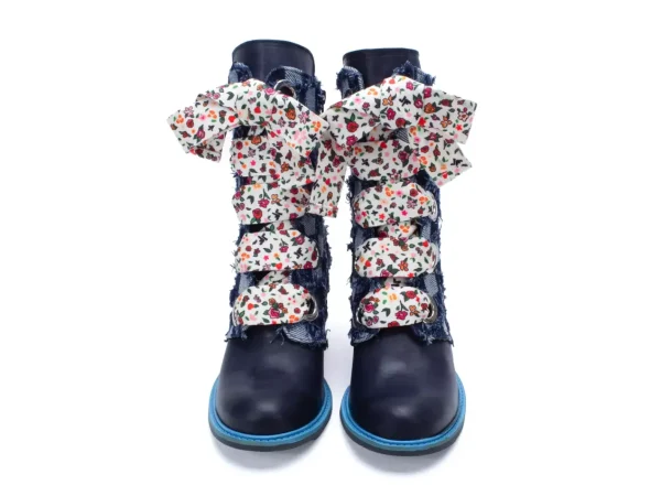 Women's^Fluevog Shoes Gladstone | Mid-Calf Lace-Up Boot Blue Denim