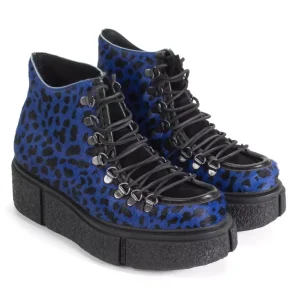 Men's^Fluevog Shoes Hooke | Lace-Up Platform Hiker Boot Blue Cheetah