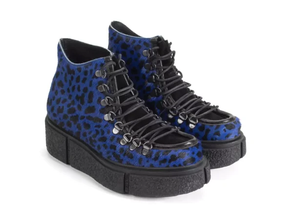 Men's^Fluevog Shoes Hooke | Lace-Up Platform Hiker Boot Blue Cheetah
