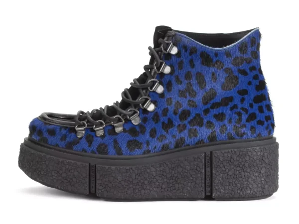 Men's^Fluevog Shoes Hooke | Lace-Up Platform Hiker Boot Blue Cheetah