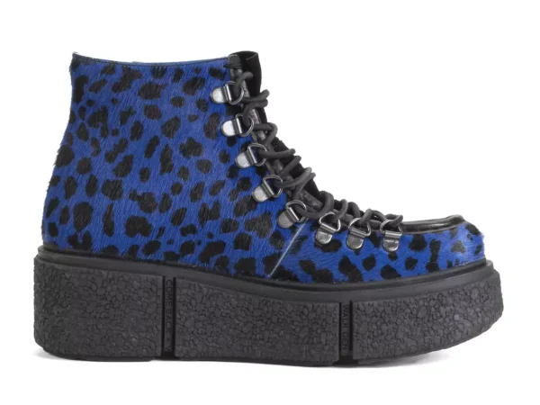 Men's^Fluevog Shoes Hooke | Lace-Up Platform Hiker Boot Blue Cheetah