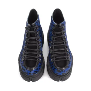 Men's^Fluevog Shoes Hooke | Lace-Up Platform Hiker Boot Blue Cheetah
