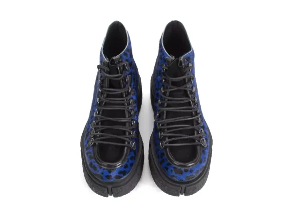 Men's^Fluevog Shoes Hooke | Lace-Up Platform Hiker Boot Blue Cheetah
