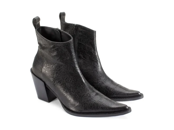 Women's^Fluevog Shoes Joan | Asymmetrical Ankle Boot Black Emboss