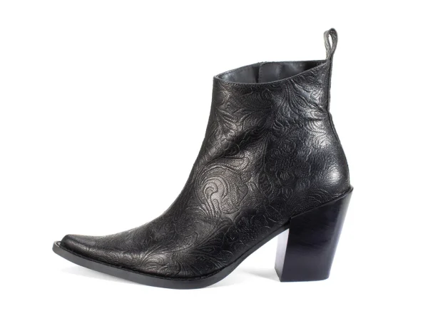 Women's^Fluevog Shoes Joan | Asymmetrical Ankle Boot Black Emboss