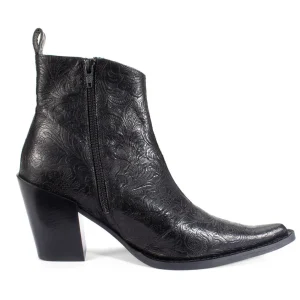 Women's^Fluevog Shoes Joan | Asymmetrical Ankle Boot Black Emboss