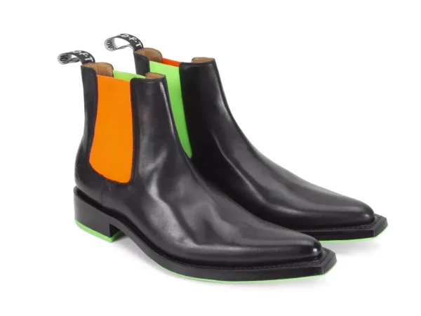 Men's^Fluevog Shoes Lyngenfjord | Pointed Toe Chelsea Boot Black/Neon
