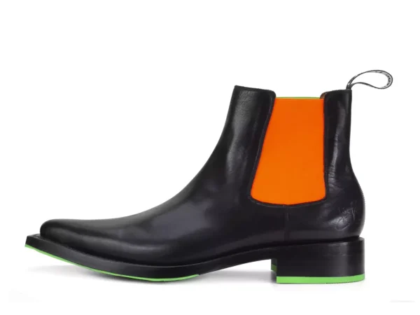 Men's^Fluevog Shoes Lyngenfjord | Pointed Toe Chelsea Boot Black/Neon