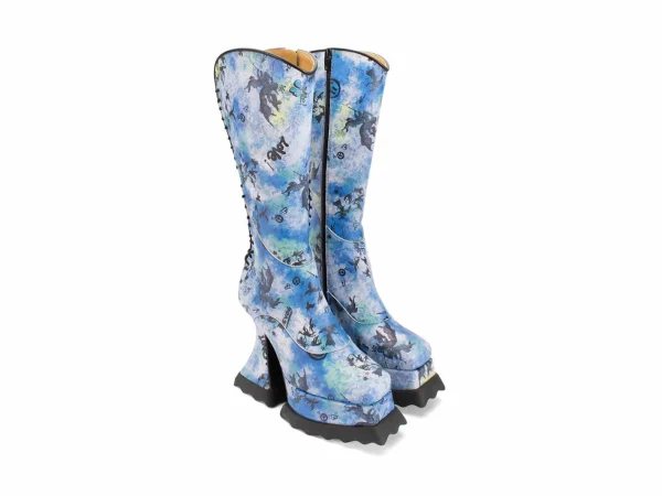 Women's^Fluevog Shoes Magnolia | Zip-Up Platform Tall Boot Blue Graffiti