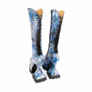 Women's^Fluevog Shoes Magnolia | Zip-Up Platform Tall Boot Blue Graffiti
