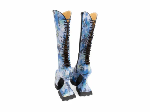 Women's^Fluevog Shoes Magnolia | Zip-Up Platform Tall Boot Blue Graffiti