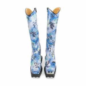 Women's^Fluevog Shoes Magnolia | Zip-Up Platform Tall Boot Blue Graffiti