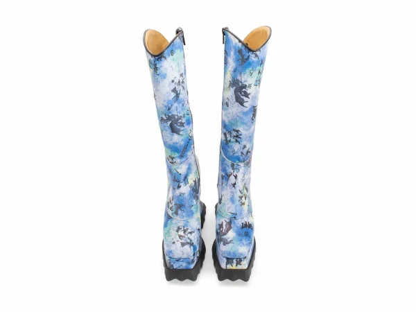 Women's^Fluevog Shoes Magnolia | Zip-Up Platform Tall Boot Blue Graffiti