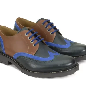 Men's^Fluevog Shoes Nathaniel | Double Wingtip Derby Green/Blue/Brown
