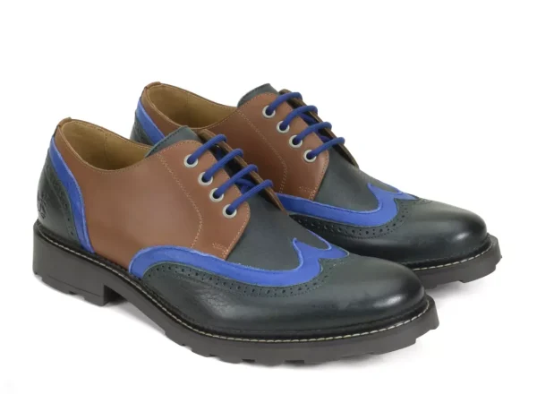 Men's^Fluevog Shoes Nathaniel | Double Wingtip Derby Green/Blue/Brown