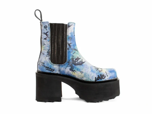 Women's^Fluevog Shoes Nerds | Platform Chelsea Boot Blue Graffiti