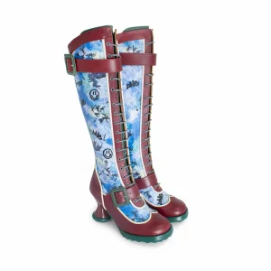 Women's^Fluevog Shoes Sugarcandy | Tall Buckle Boot With Zipper Burgundy/Graffiti