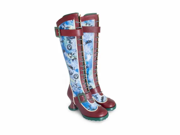 Women's^Fluevog Shoes Sugarcandy | Tall Buckle Boot With Zipper Burgundy/Graffiti
