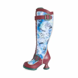 Women's^Fluevog Shoes Sugarcandy | Tall Buckle Boot With Zipper Burgundy/Graffiti