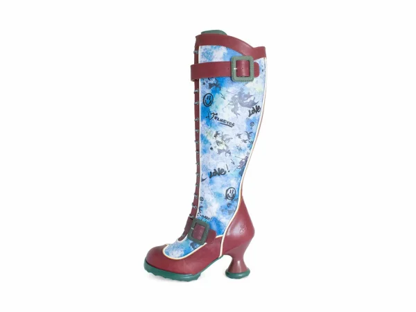 Women's^Fluevog Shoes Sugarcandy | Tall Buckle Boot With Zipper Burgundy/Graffiti