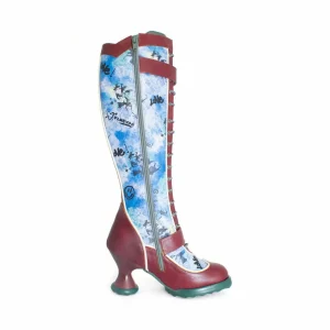 Women's^Fluevog Shoes Sugarcandy | Tall Buckle Boot With Zipper Burgundy/Graffiti
