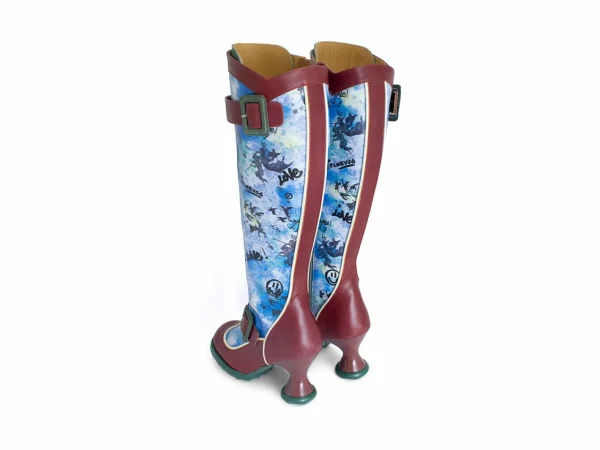 Women's^Fluevog Shoes Sugarcandy | Tall Buckle Boot With Zipper Burgundy/Graffiti