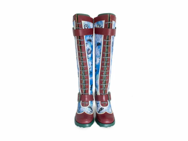 Women's^Fluevog Shoes Sugarcandy | Tall Buckle Boot With Zipper Burgundy/Graffiti