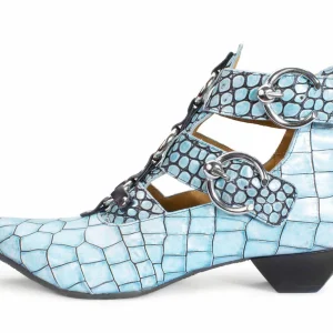 Women's^Fluevog Shoes Tammi Rose | Strappy Ankle Bootie Blue Croc